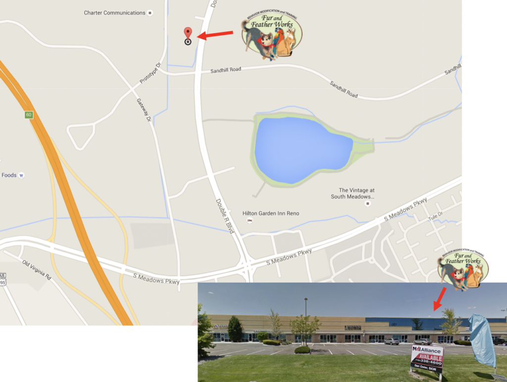 Map to Fur and Feather Works, including photo of the strip mall our training center is located in.